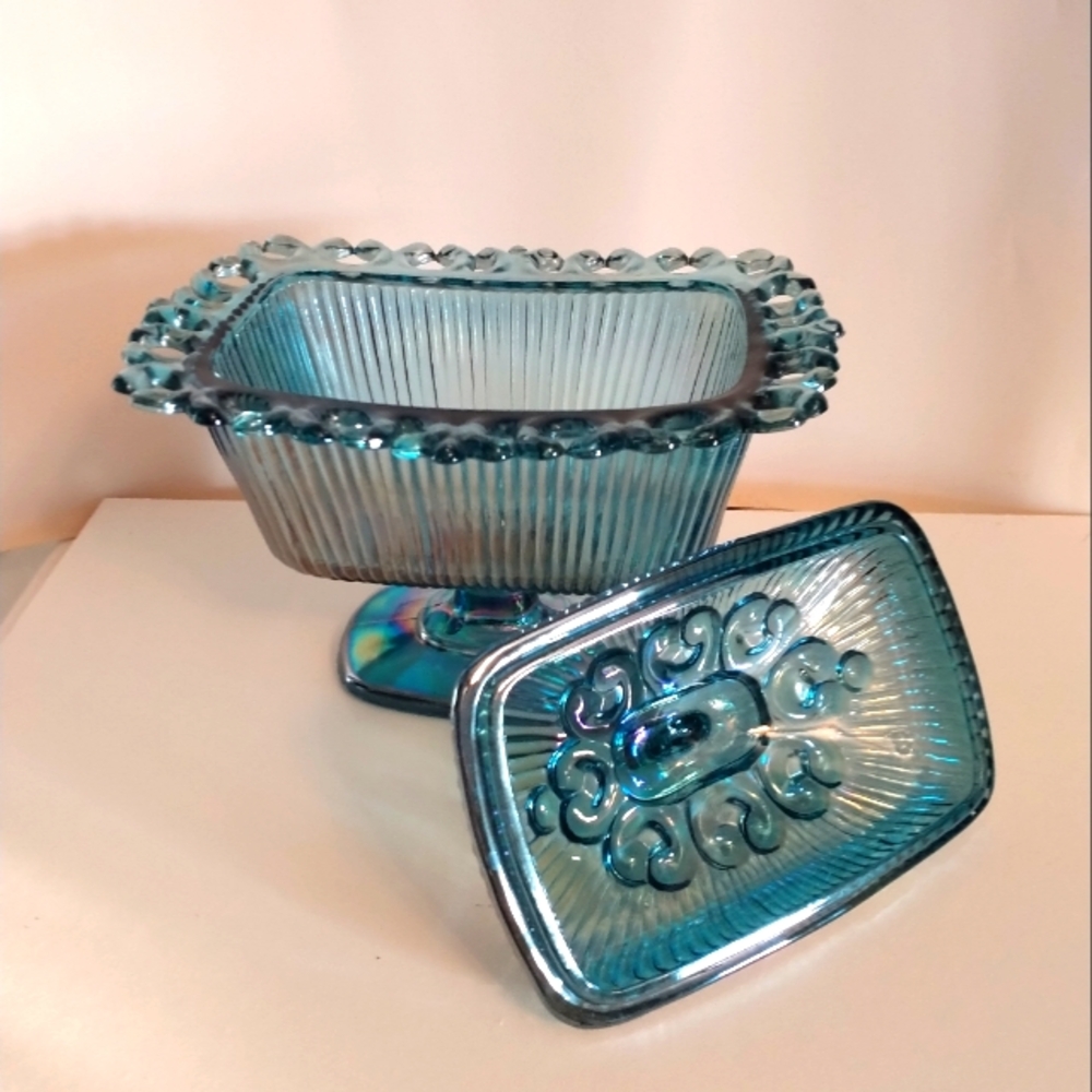 Carnival Indiana Iridescent Blue Glass Candy Dish with Lid - Picture 7 of 12